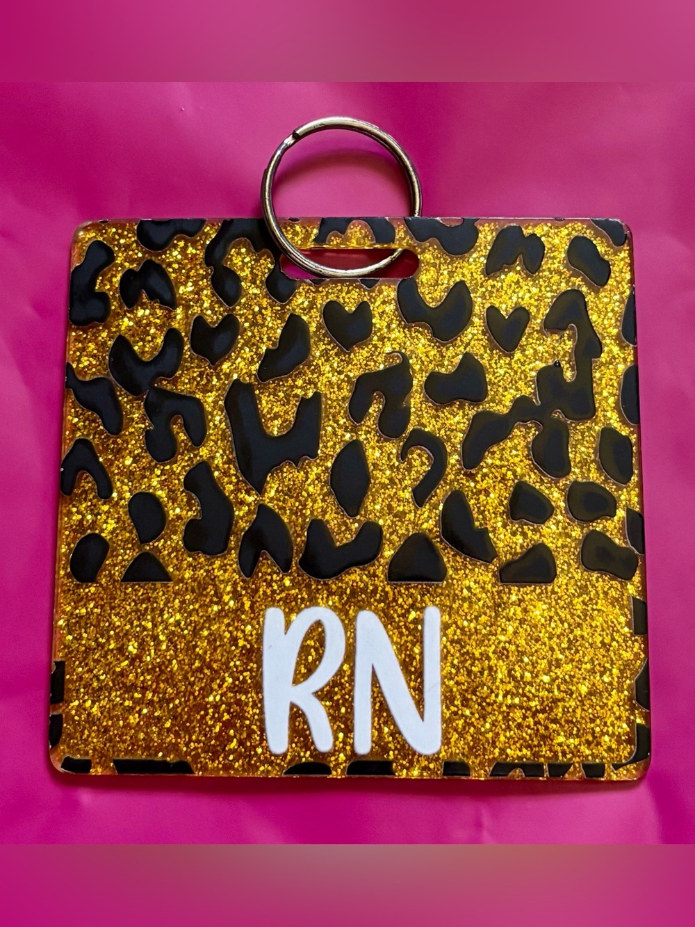Gold Glitter Black Leopard RN Badge Holder Key Ring